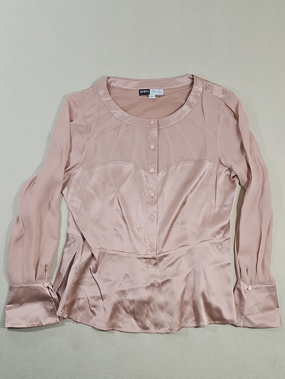 Chloe Blush-Pink Satin and Sheer Long-Sleeve Blouse